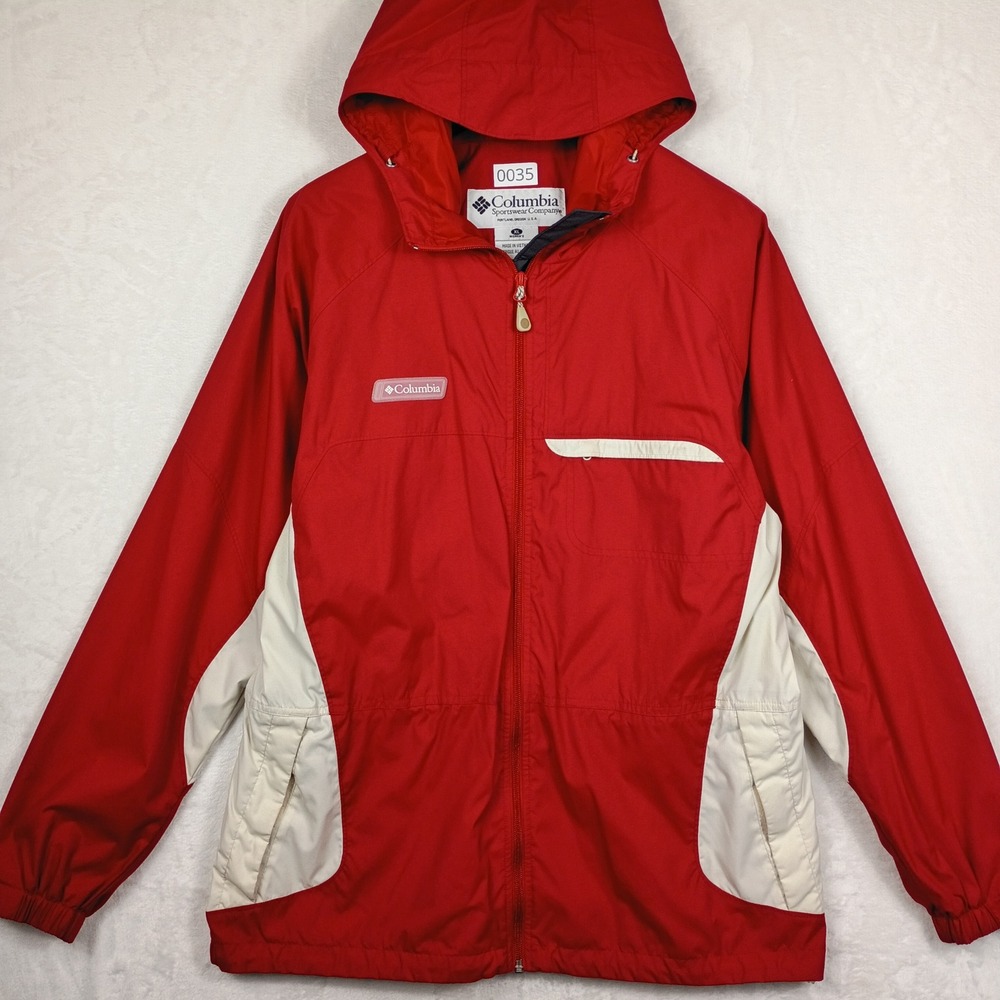 Columbia Sportswear Womens XL Red Cream Hooded Windbreaker Jacket Full Zip Mesh